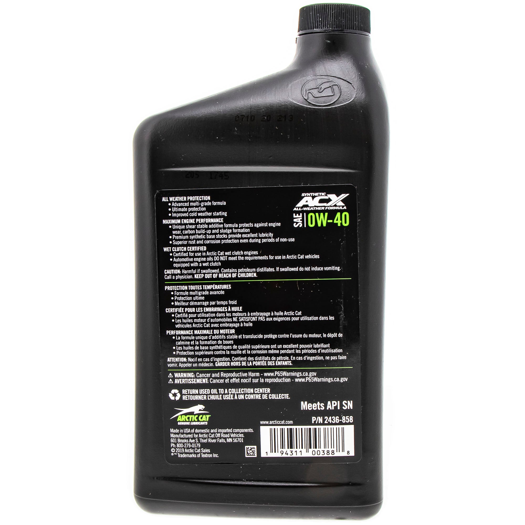 Arctic Cat Synthetic 4-Cycle Engine Oil 0W-40 1 Qt 2436-858
