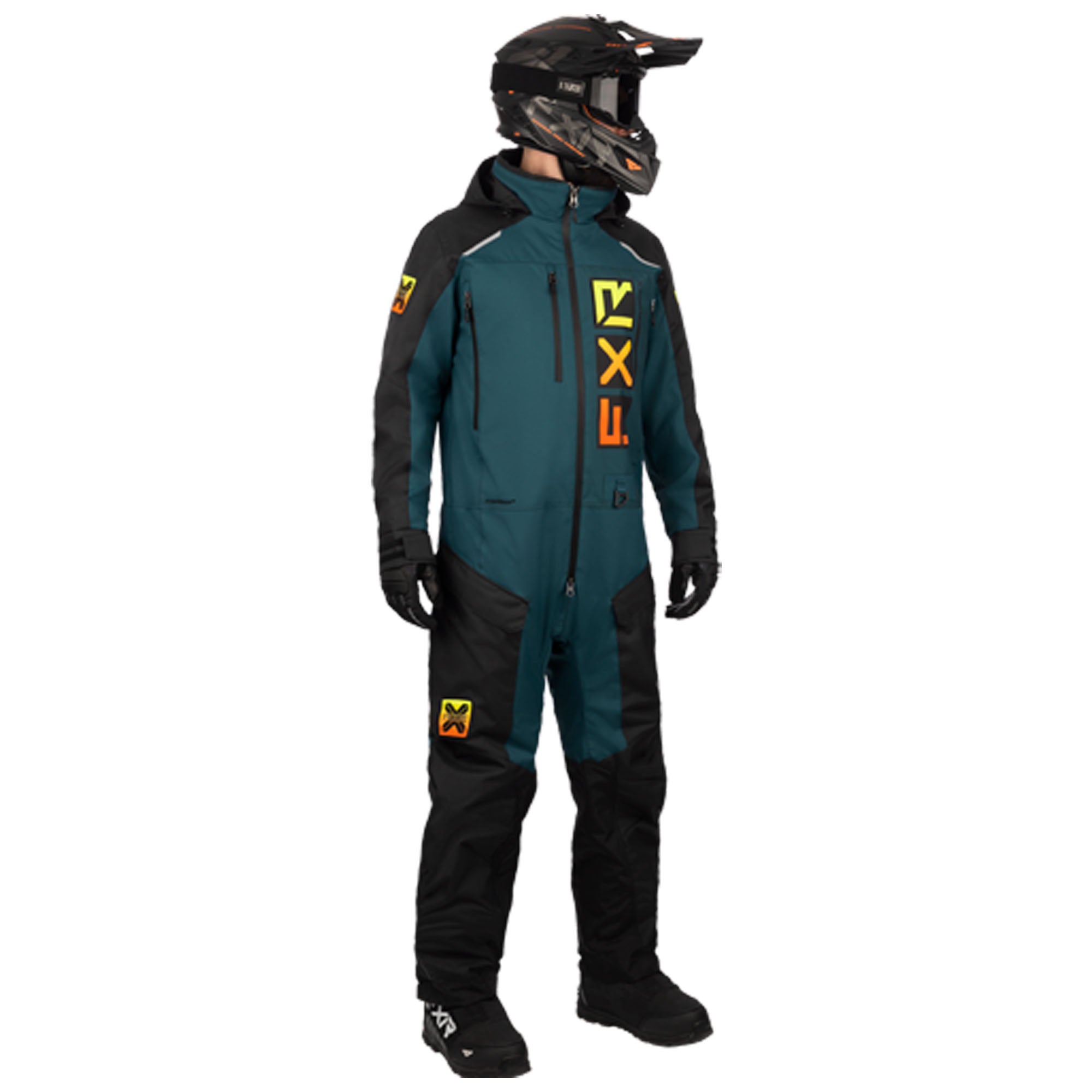 FXR Mens Recruit Lite Snowmobile Monosuit Black/Dark Steel/Inferno Mens