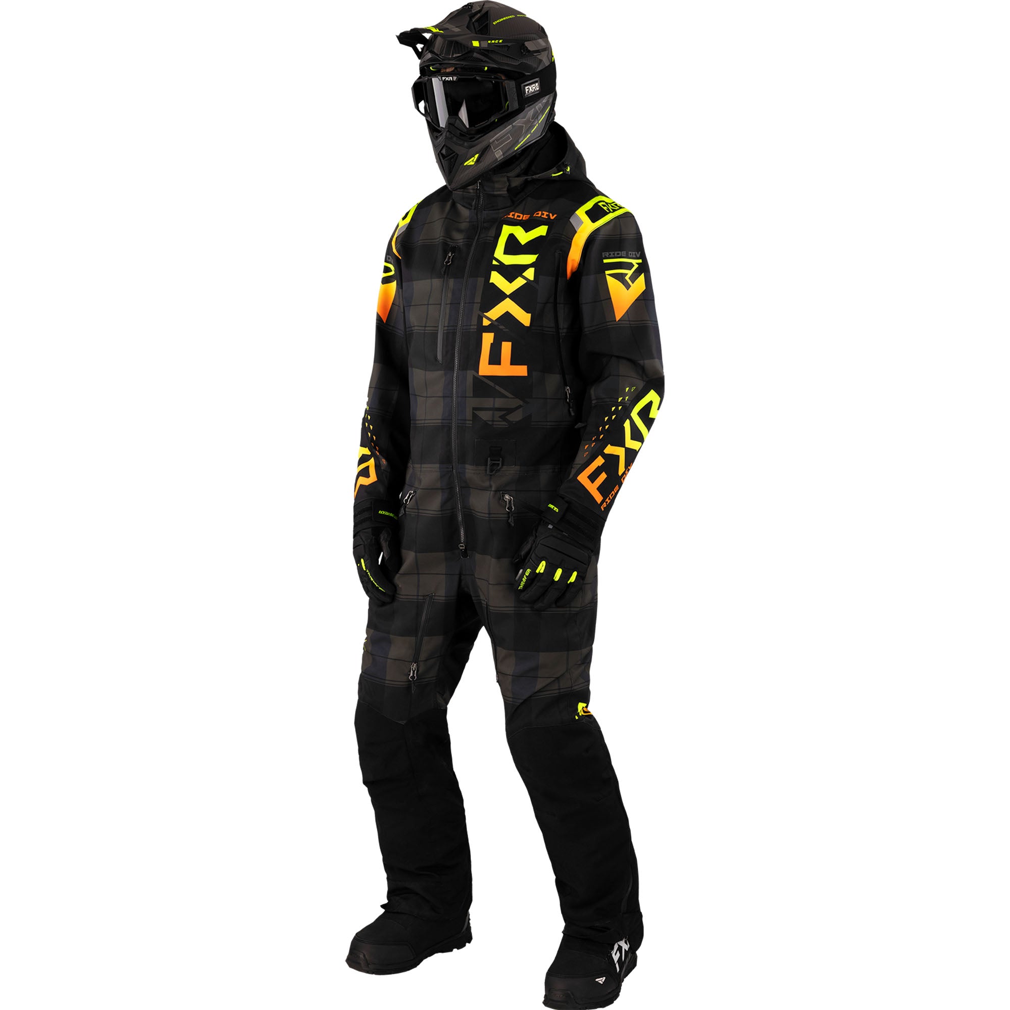 FXR Helium Insulated Snowmobile Monosuit Black Plaid/Inferno Mens