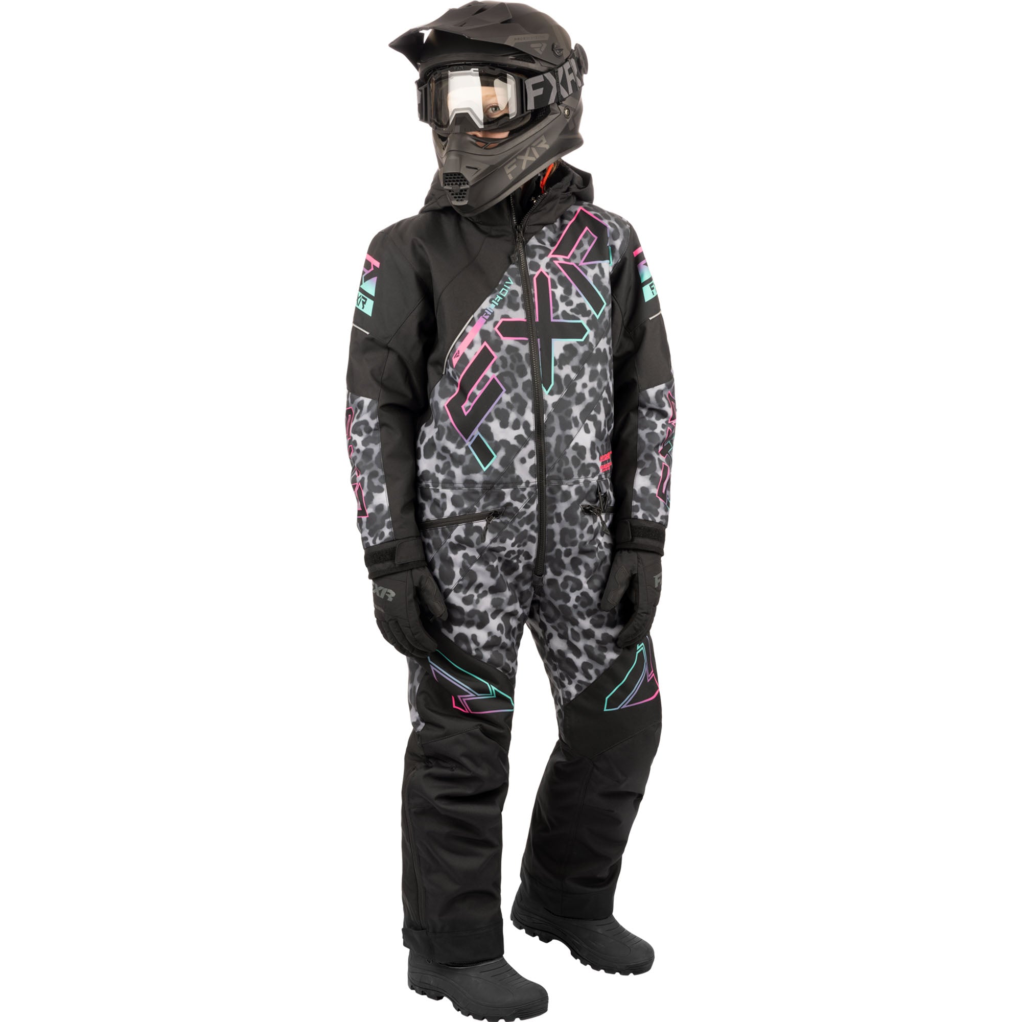 FXR Child CX Snowmobile Monosuit Black Cheetah/Mint-E Pink Unisex-Child