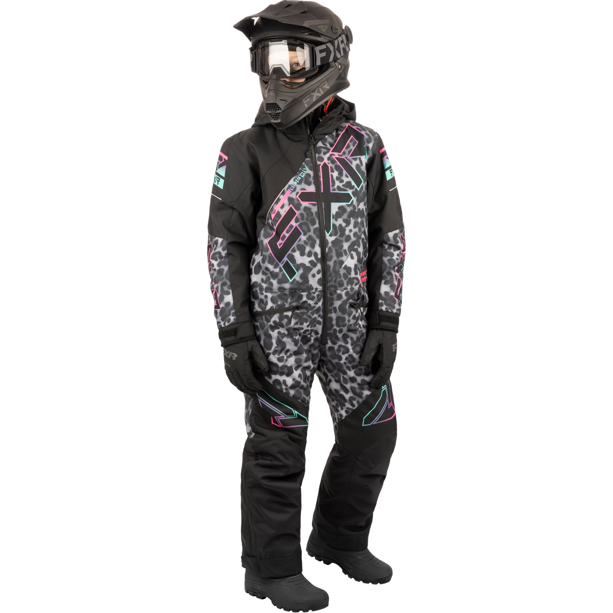 FXR Youth CX Snowmobile Monosuit Black Cheetah/Mint-E Pink Unisex-Child