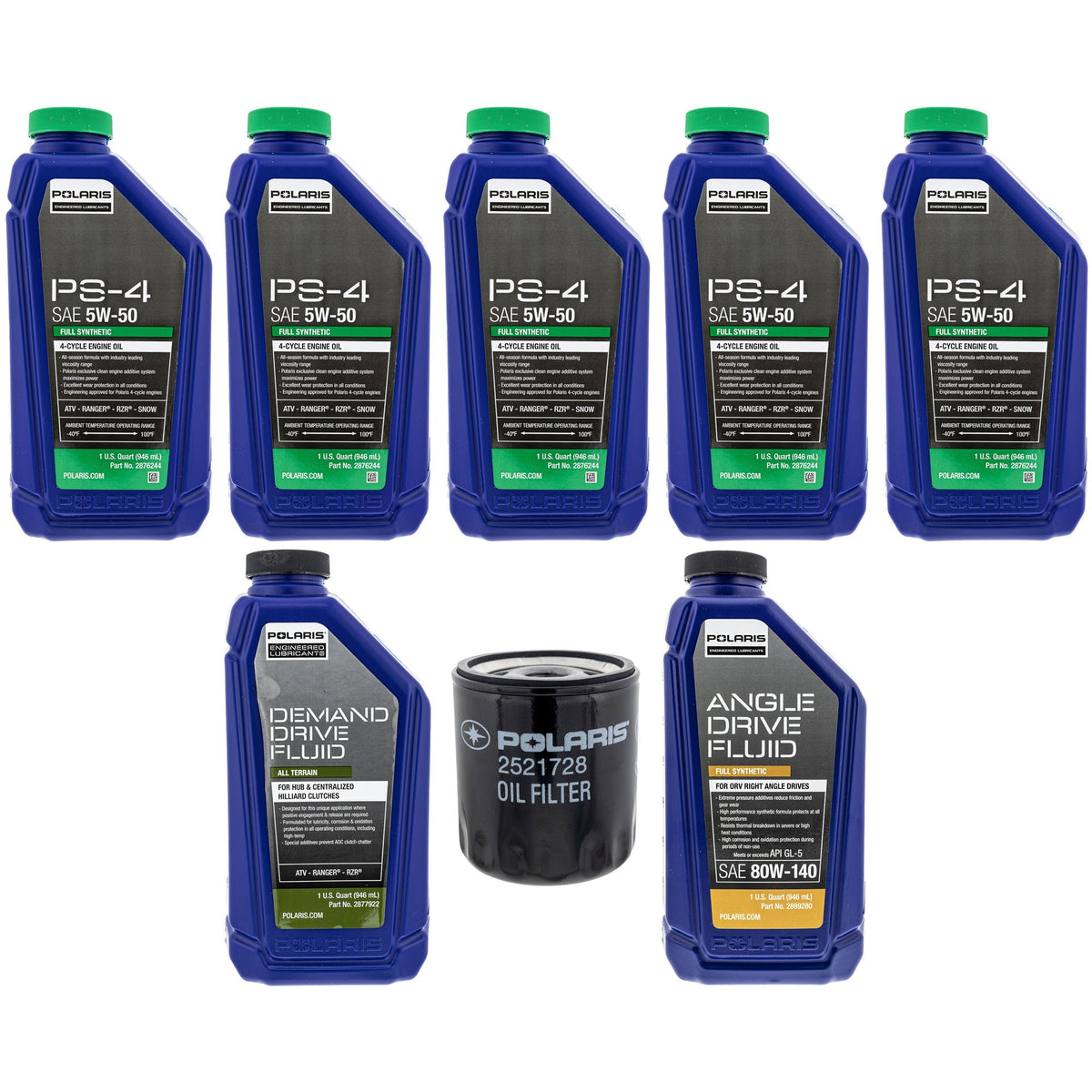 Polaris 5 Quarts PS-4 5W-50 Oil & Dem& Drive & Differential Fluid Service Kit FKFSK20136