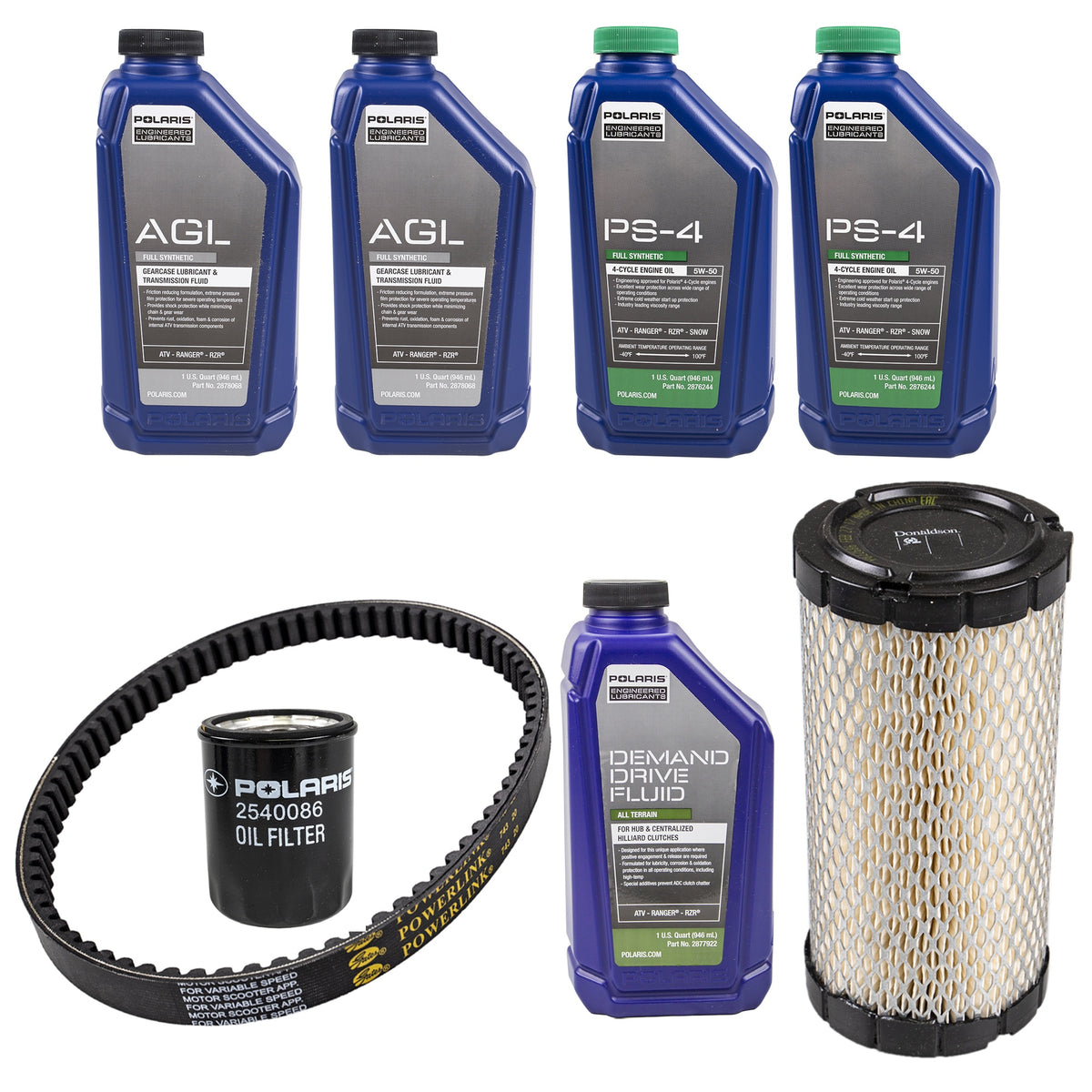 Polaris 2 Quarts PS-4 5W-50 Oil & Drivetrain Fluid Service Kit with Air Filter & Drive Belt FKOCK10285 alternate view