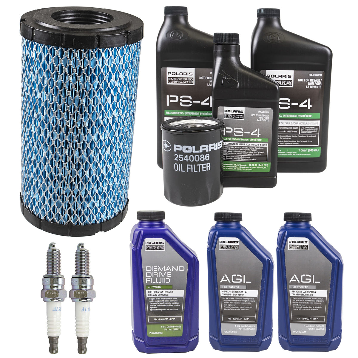 Polaris 2.5 Quarts PS-4 Full Synthetic Oil & Drivetrain Fluid Service Kit with Air Filter & Spark Plugs FKOCK10653 alternate