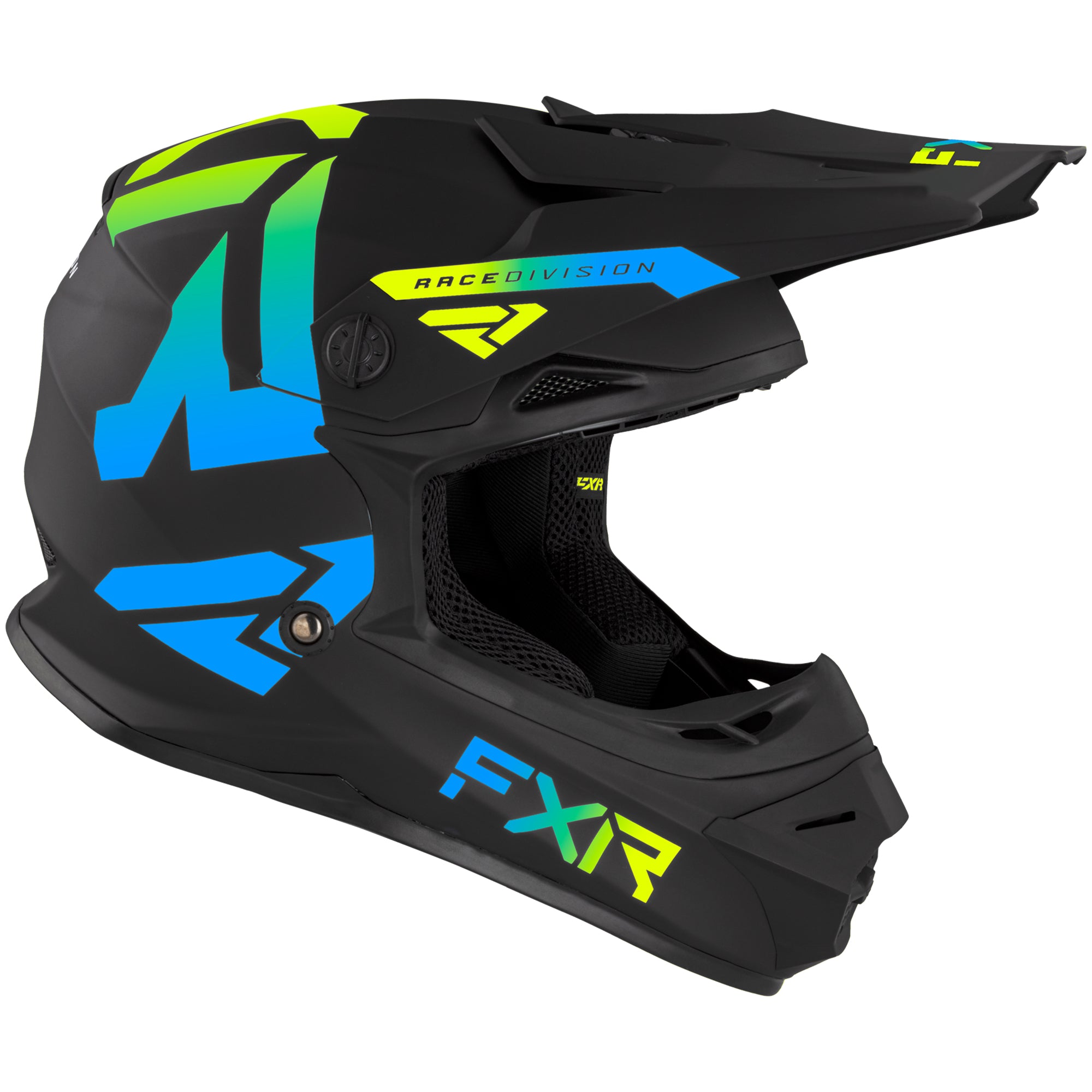 FXR  Youth Legion Helmet Lightweight QRS Dual Density EPS Liner Black Blue Hi-Vis - FMVSS