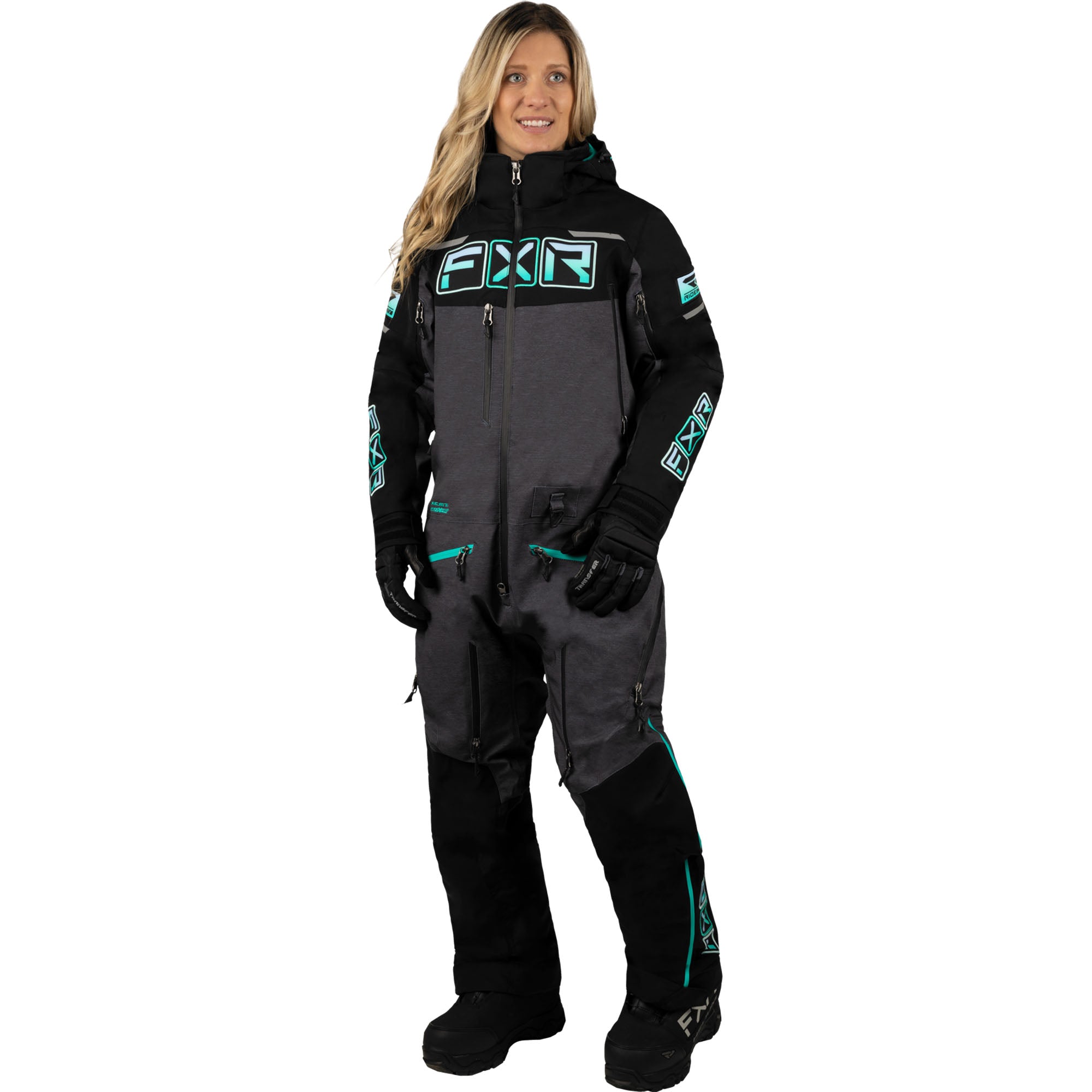 FXR Womens Maverick F.A.S.T. Insulated Monosuit Black/Md Grey Heather/Mint Fade