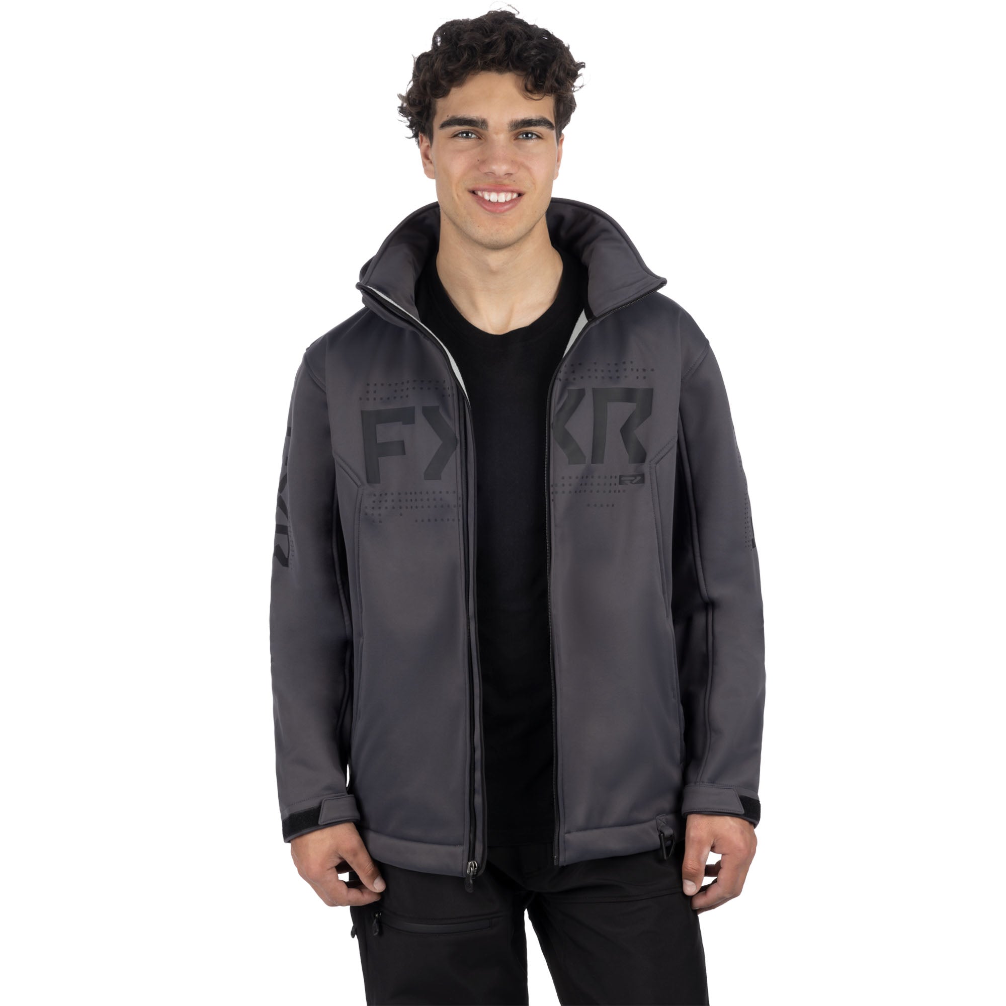 FXR  Mens Helium Softshell Jacket HydrX Adjustable Hood Hem Pockets Asphalt Black