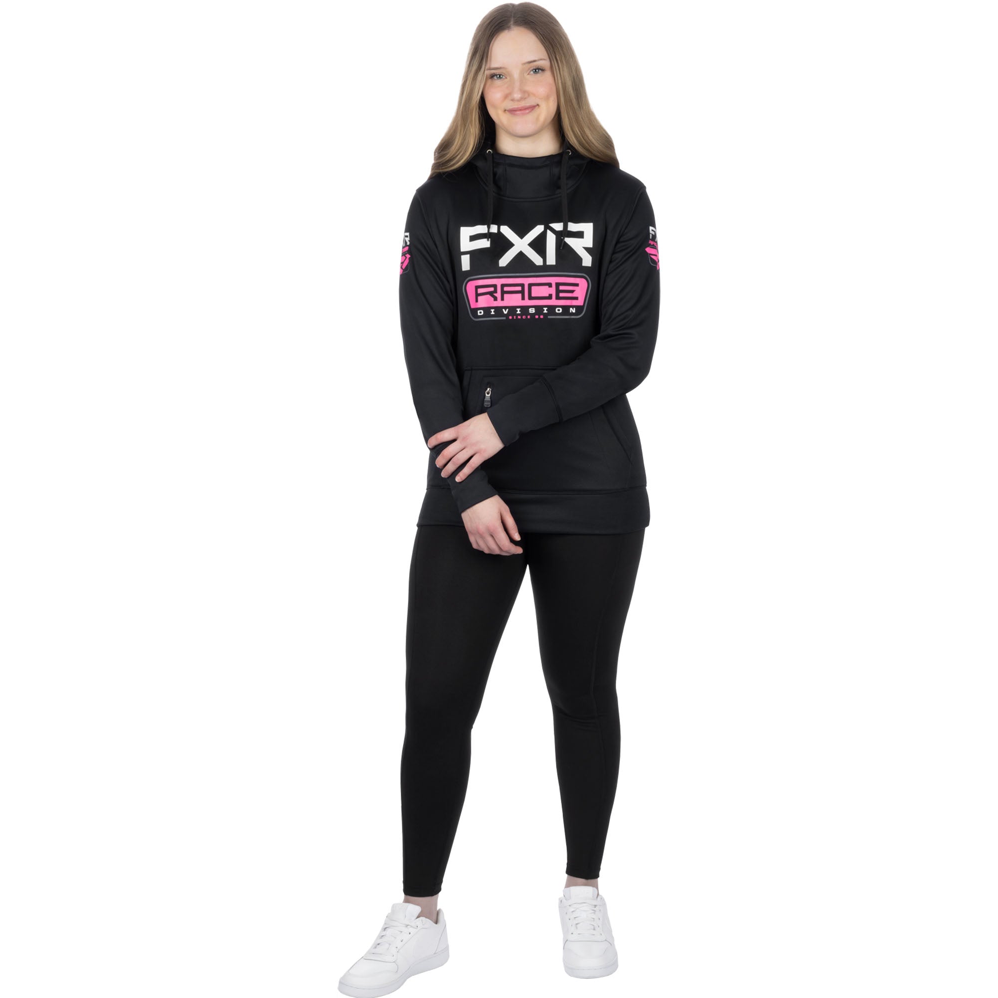 FXR  Womens Race Division Tech Pullover Hoodie Zippered Pockets Black E Pink