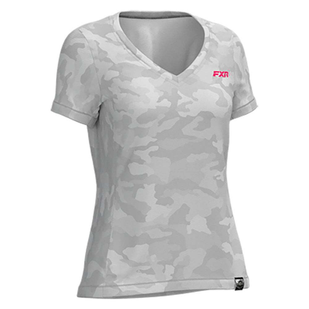 FXR Breezy UPF V-Neck T-Shirt Grey Camo/Razz Womens