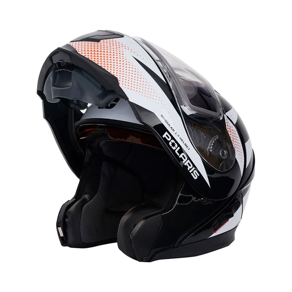 Polaris  Modular 2.0 Helmet Anti Fog Scratch Quick Release Black White Orange FMVSS 218