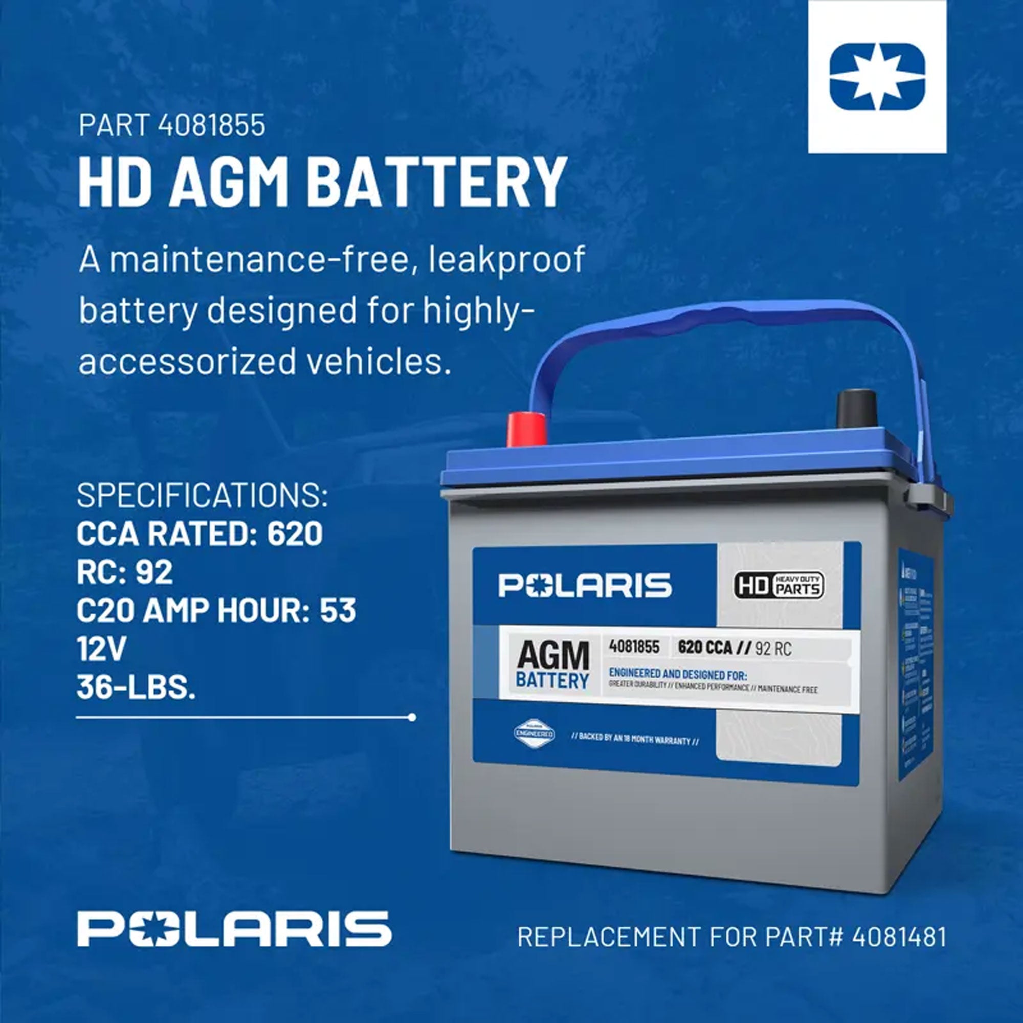 Polaris 4081855 Heavy Duty AGM Battery Sealed Xpedition RZR Ranger General XP