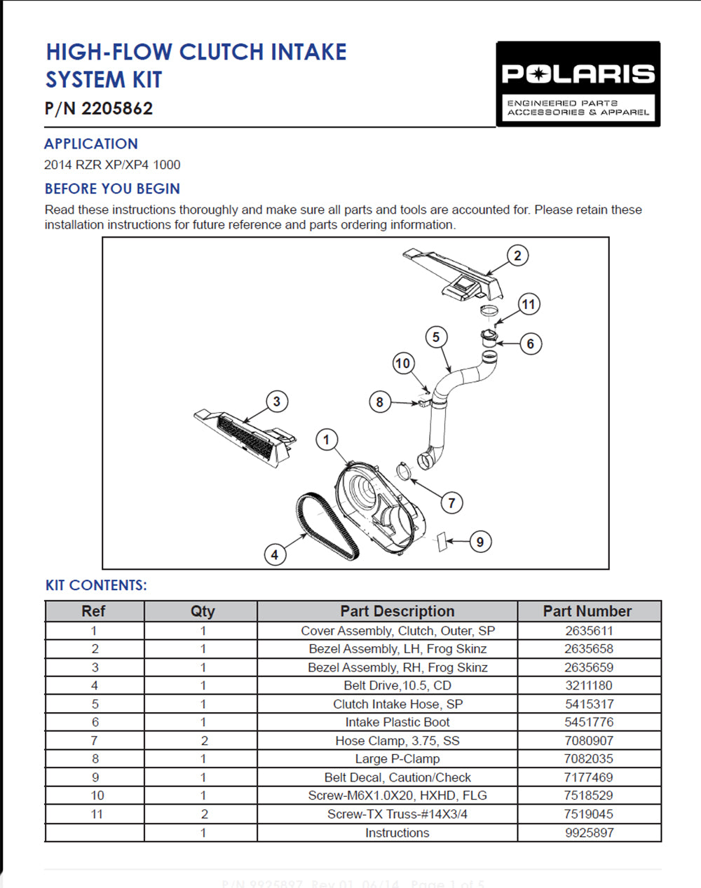 Genuine OEM Polaris Clutch Intake RZR 2205862