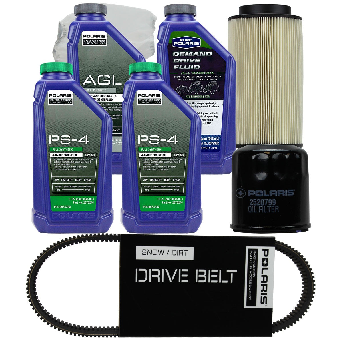 Polaris 2 Quarts PS-4 5W-50 Oil & Drivetrain Fluid Service Kit with Air Filter & Drive Belt FKOCK10411