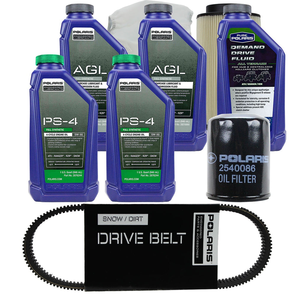 Polaris 2 Quarts PS-4 5W-50 Oil & Drivetrain Fluid Service Kit with Air Filter & Drive Belt 2540086 / 2878068 / 2877922 /